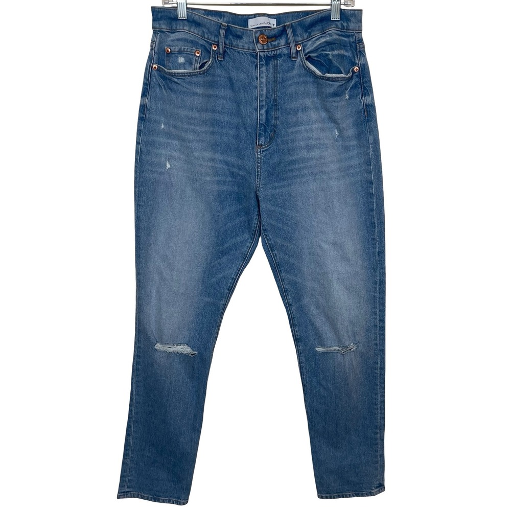 LOFT High Waist Boyfriend‎ Jeans Medium Wash Distressed Blue Denim 28/6 Whiskers